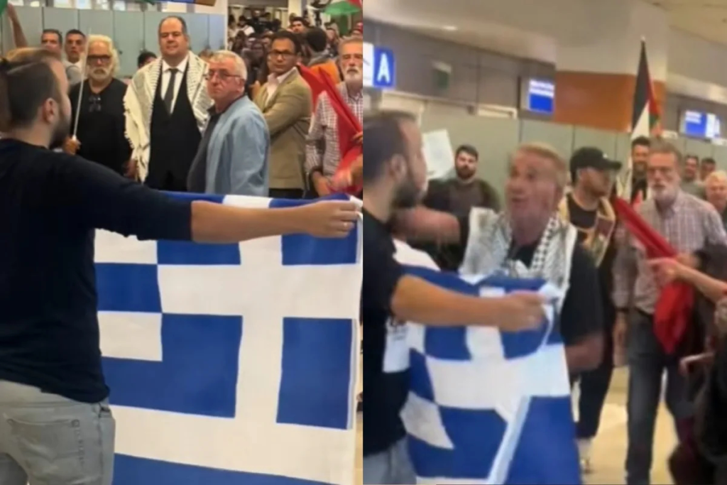Πολίτης έκανε το «λάθος» να εμφανιστεί με την ελληνική σημαία στο αεροδρόμιο «Ελ.Βενιζέλος» μπροστά σε διαδηλωτές υπέρ της Παλαιστίνης: Τον απομάκρυναν με απειλές και σπρωξιές! (Video)