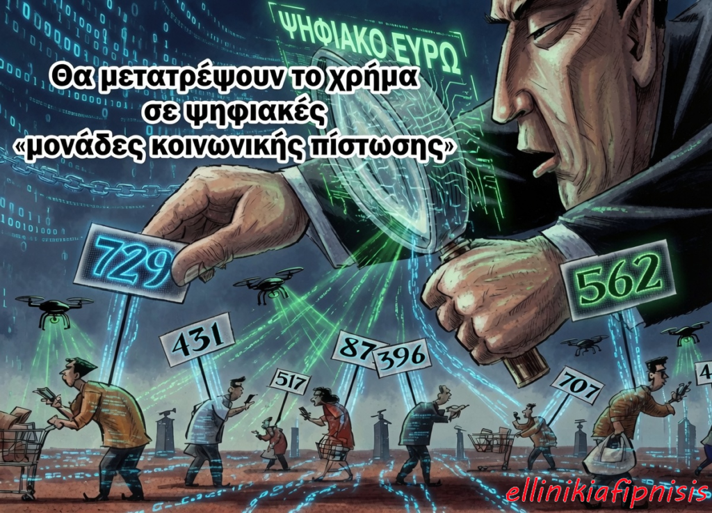 Εικονογράφηση που απεικονίζει τη μετατροπή χρημάτων σε ψηφιακές "μονάδες κοινωνικής πίστης", με αριθμούς και drones να περιβάλλουν ανθρώπους σε έναν ψηφιακό κόσμο. Με το ψηφιακό ευρώ τα χρήματα δεν θα σας ανήκουν. Έρχεται η μεγαλύτερη κλοπή πλούτου της Ιστορίας...