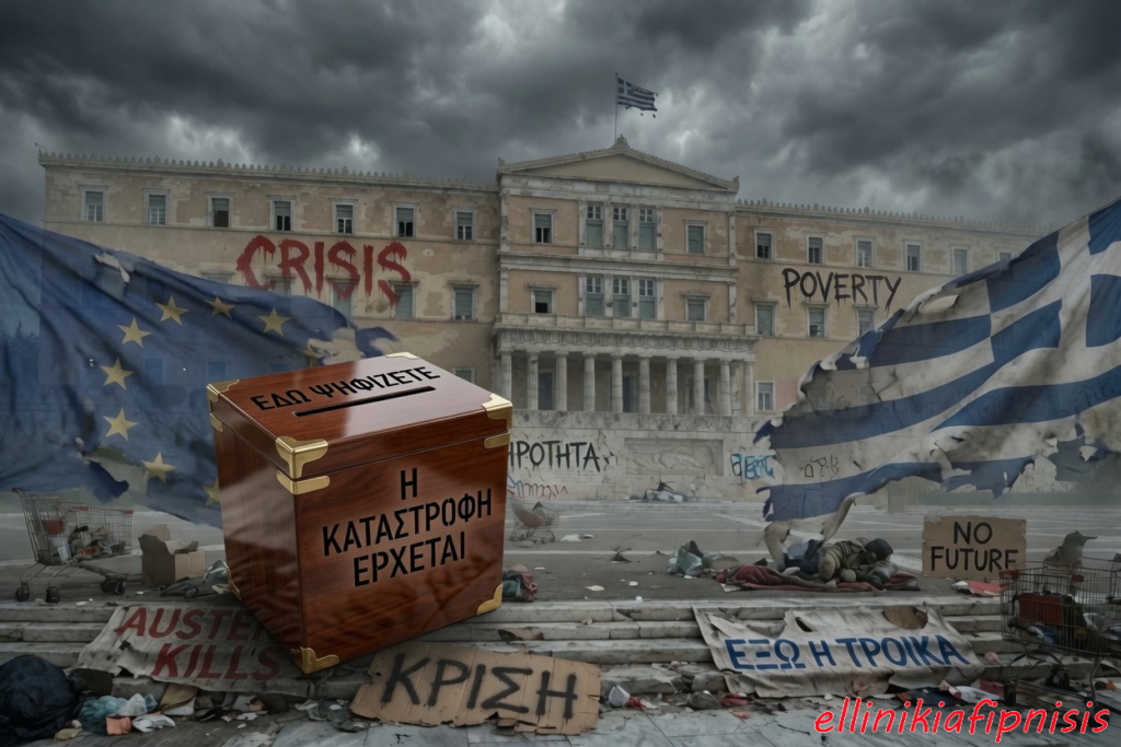 Εικόνα που απεικονίζει την ελληνική Βουλή με συνθήματα όπως "ΚΡΙΣΗ" και "ΦΤΩΧΕΙΑ". Στο προσκήνιο, ένα ξύλινο κουτί ψηφοφορίας με την επιγραφή "Η ΚΑΤΑΣΤΡΟΦΗ ΕΡΧΕΤΑΙ". Οι εκλογές της μεγάλης ψευδαίσθησης...