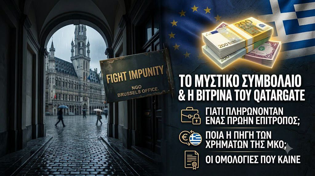 Ουρανίσκος συντήρησης στην πλατεία των Βρυξελλών με μια επιγραφή που λέει 'FIGHT IMPUNITY' και ευρώ σε χαρτονομίσματα, κατά τη διάρκεια βροχής. Qatargate: Το «Τιμητικό» συμβόλαιο, η βιτρίνα του Παντσέρι και το χρήμα που καίει...