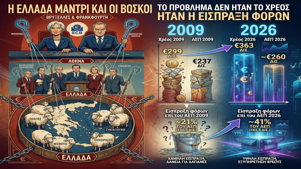 Infographic που δείχνει την οικονομική κατάσταση της Ελλάδας με σύγκριση μεταξύ 2009 και 2026, περιλαμβάνοντας στοιχεία χρέους και φορολογικών εσόδων. Η ΕΕ θέλει την Ελλάδα αποικία χρέους και η ελίτ συναινεί - Γιατί η εσωτερική υποτίμηση ήταν δομικό έγκλημα!