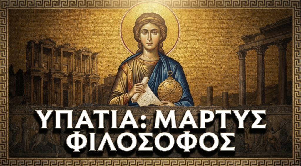 Εικονογραφία της Υπατίας, φιλοσόφου και μάρτυρος, με γεωμετρικά στοιχεία στο φόντο. Ποιοι οργάνωσαν τη δολοφονία της ΥΠΑΤΙΑΣ...
