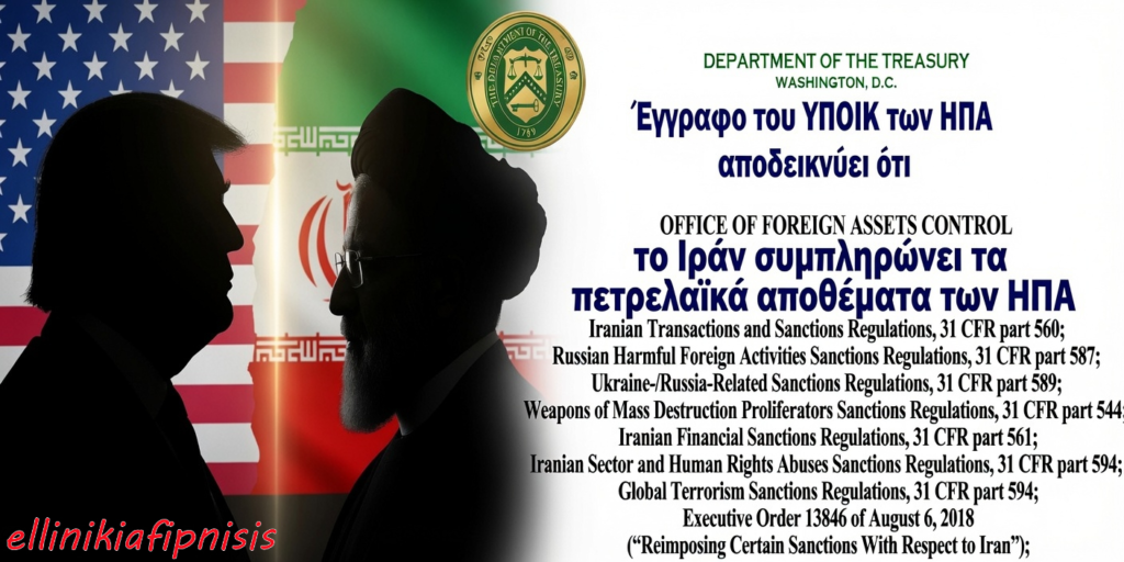 Σιλουέτες του Ντόναλντ Τραμπ και του Αγιατολάχ Χαμενεΐ μπροστά από τις σημαίες των ΗΠΑ και του Ιράν, με κείμενο που αναφέρεται σε κυρώσεις και κανονισμούς. Το αποφάσισαν! Μέχρι τις 21 Αυγούστου δεν θα υπάρξει πόλεμος. Μετά αρχίζουν τα δύσκολα σύμφωνα με έγγραφο του Υπουργείου Οικονομικών των ΗΠΑ...
