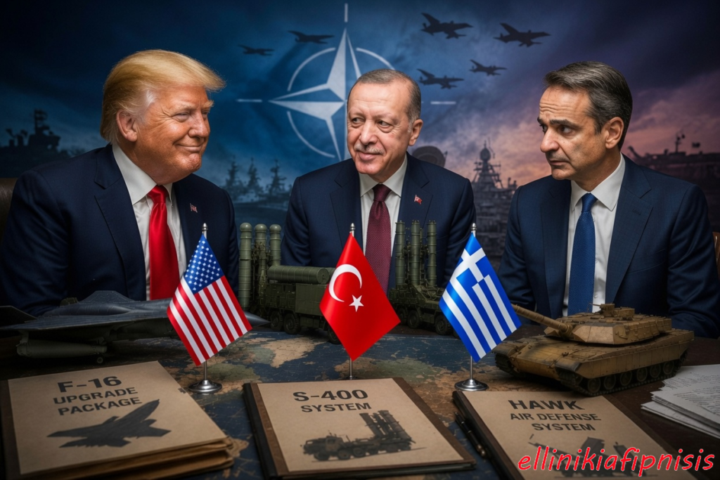 Τρεις πολιτικοί ηγέτες σε συνεδρίαση, με σημαίες ΗΠΑ, Τουρκίας και Ελλάδας μπροστά τους, και στρατιωτικό υλικό στο τραπέζι. Τράμπ και Μητσοτάκης συνένοχοι στον εξοπλισμό του ισλαμιστή Ερντογάν...
