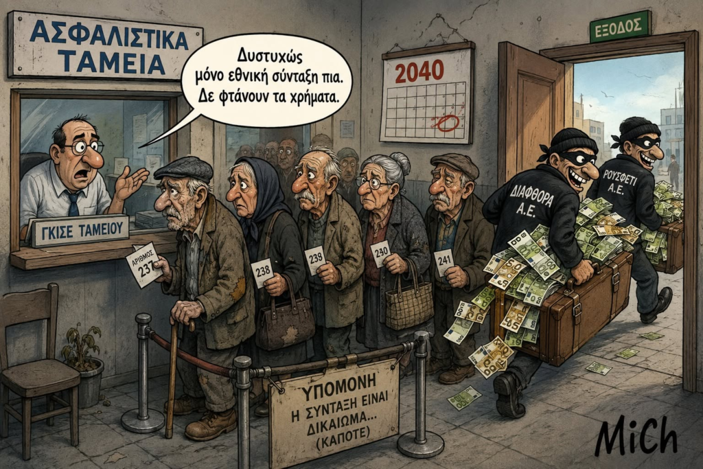 Σκίτσο που απεικονίζει ηλικιωμένους φορείς εθνικής σύνταξης σε ουρά μπροστά από ένα ασφαλιστικό ταμείο, με έναν υπάλληλο να τους ενημερώνει για τα οικονομικά προβλήματα, ενώ δύο ληστές βγαίνουν από την πόρτα με τσάντες γεμάτες χρήματα. Η μεγάλη αφαίμαξη των Ταμείων: Πώς οι εισφορές των Ελλήνων έγιναν φθηνό κρατικό καύσιμο, ομόλογα, PSI, repos, και πώς στο τέλος μας είπαν ότι φταίνε οι συνταξιούχοι...