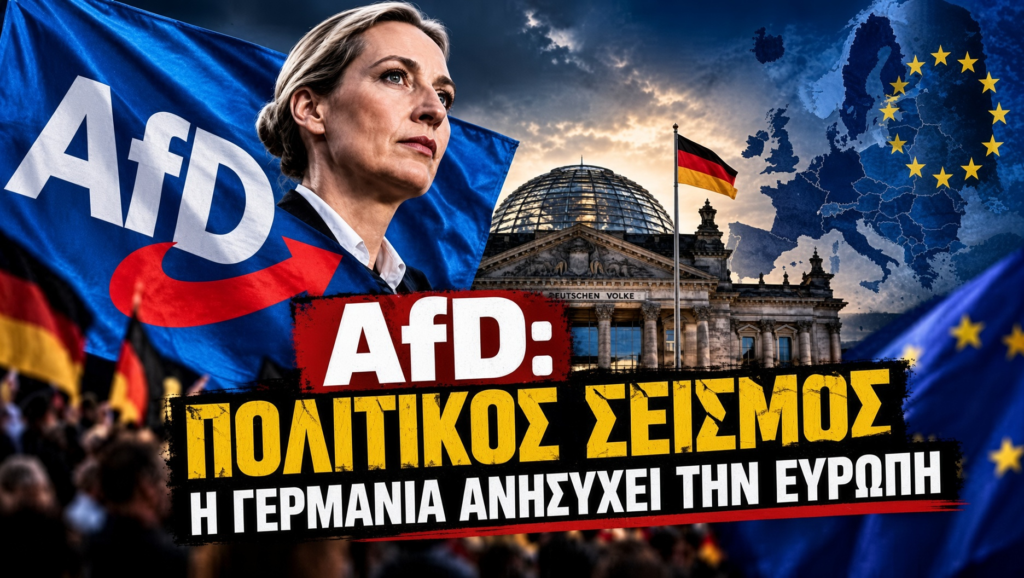 Απεικόνιση της πολιτικής εκδήλωσης της AfD μπροστά από το Ράιχσταγκ στη Γερμανία, με σημαίες της Γερμανίας και της ΕΕ. AfD: Ο πολιτικός σεισμός στη Γερμανία ανησυχεί την Ευρώπη…