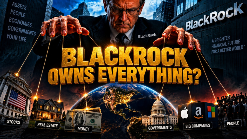 Εικόνα που απεικονίζει τον τίτλο "BlackRock owns everything?" με γραφικά που περιλαμβάνουν διάφορες οικονομικές πτυχές όπως χρηματιστήρια, ακίνητη περιουσία και κυβερνήσεις. Στο προσκήνιο, ένας άνδρας χειρίζεται νημάτια που συνδέονται με διαφορετικούς τομείς. BlackRock: Η πιο δαιμονική εταιρεία διαχείρισης περιουσιακών στοιχείων στον κόσμο...