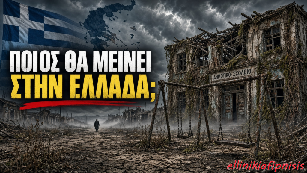 Ερειπωμένο σχολείο με σημαία της Ελλάδας και βροχερός ουρανός. Δημογραφικό: Η Ελλάδα αδειάζει - Ποιοι θα ζουν στην χώρα σε 20 χρόνια;