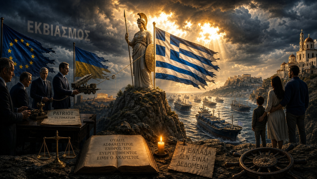 Σκηνή που απεικονίζει μια ελληνική θεά με τη σημαία της Ελλάδας, πίσω της οι σημαίες της Ευρωπαϊκής Ένωσης και της Ουκρανίας, και μια ομάδα ανδρών που συζητούν γύρω από ένα τραπέζι με στρατιωτικό εξοπλισμό. Γεωπολιτικά παιχνίδια εις βάρος της Ελλάδας. Αφήστε την Ελλάδα ήσυχη από τα γεωπολιτικά σας πειράματα...