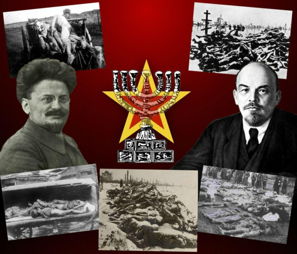 Φωτογραφία που περιλαμβάνει πορτρέτα των Λέον Τρότσκυ και Βλαντιμίρ Λένιν, με φόντο κόκκινο και σύμβολα του κομμουνισμού, καθώς και εικόνες από ιστορικά γεγονότα που σχετίζονται με τη σοβιετική ιστορία. Κομμουνισμός: Το δημιούργημα της εβραϊκής οικογένειας Ρότσιλντ...