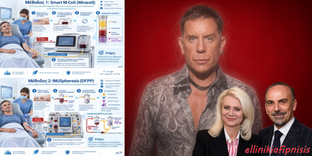 Αφίσα με πληροφορίες για τις μεθόδους Smart M-Cell (Miracell) και INUspheresis (DFPP) για εναλλακτικές θεραπείες, με συναρπαστική παρουσίαση και διαγράμματα. Miracell, INUSpheresis και πλασμαφαίρεση: Τι κάνουν τα μηχανήματα, πόσο ασφαλή είναι και γιατί έχει σημασία πού γίνονται...