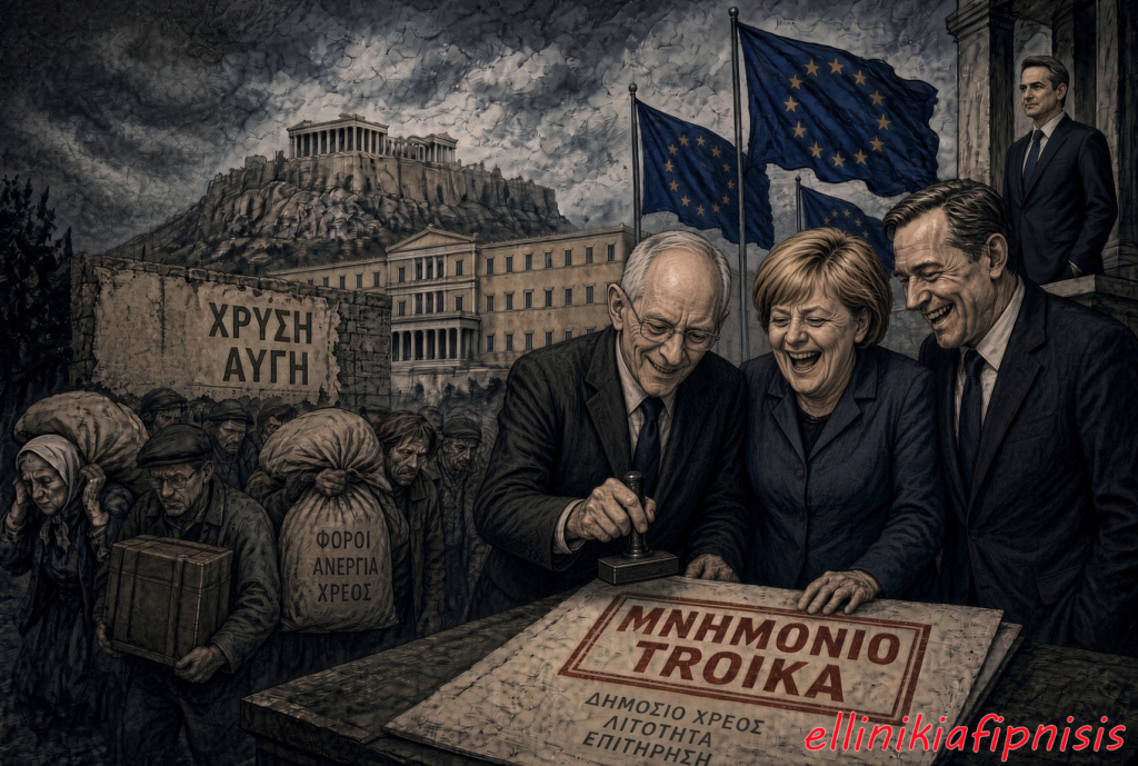 Εικονίζεται η Μέρκελ και άλλοι ηγέτες να υπογράφουν μνημόνιο μπροστά από την Ακρόπολη, με φιγούρες εργατών στο βάθος. Ναζιστικές μύγες κατά Ελληνικών μελισσών...