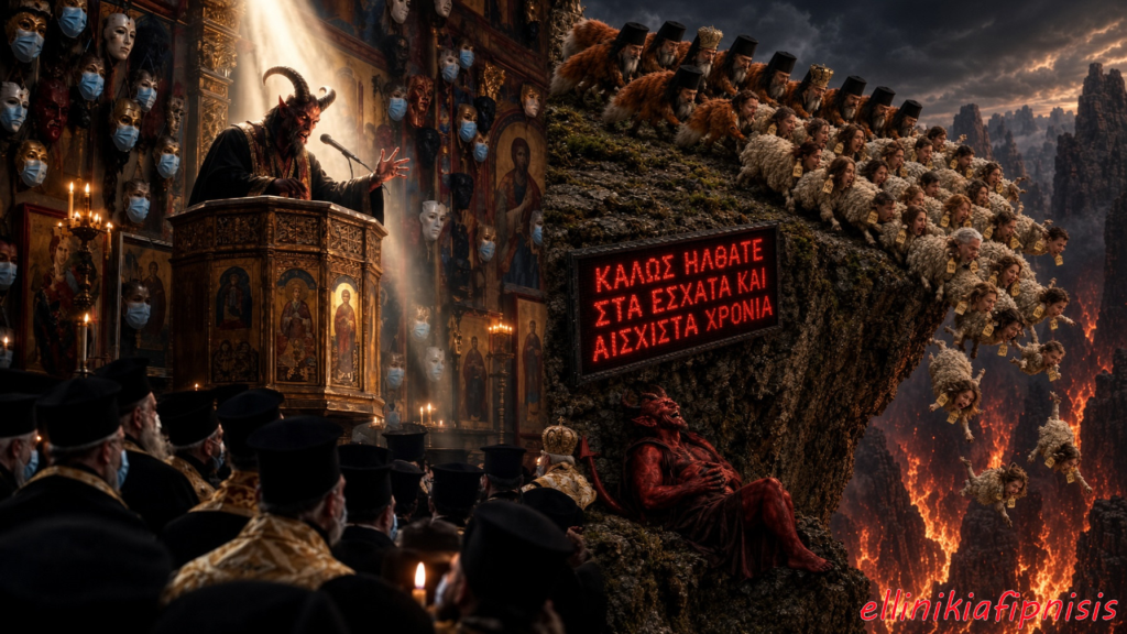 Ένας διαβόλος ομιλεί από ένα βήμα σε μια σκοτεινή εκκλησία με πίσω του προσωπεία και εικονίσματα, ενώ οι παρευρισκόμενοι παρακολουθούν, με μια επιγραφή που λέει 'ΚΑΛΩΣ ΗΡΘΑΤΕ ΣΤΑ ΕΣΧΑΤΑ ΚΑΙ ΑΙΣΧΙΣΤΑ ΧΡΟΝΙΑ'. Όταν ο διάβολος κατηχεί τον κλήρο...