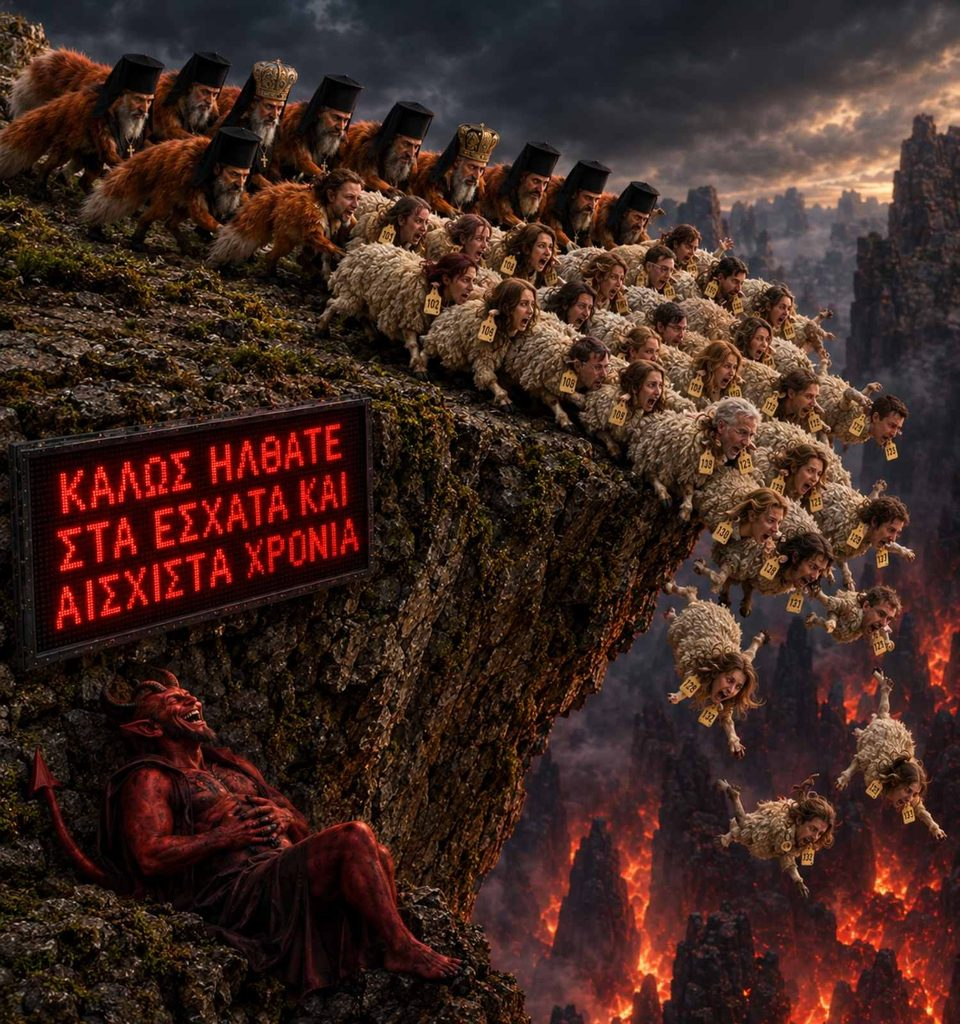 Μια ψηφιακή σύνθεση που απεικονίζει ένα τοπίο με κυριάρχους κόκκινους δαίμονες και πρόβατα που πέφτουν από έναν γκρεμό, με μια φωτεινή πινακίδα που λέει 'ΚΑΛΩΣ ΗΛΘΑΤΕ ΣΤΑ ΕΣΧΑΤΑ ΚΑΙ ΑΙΣΧΙΣΤΑ ΧΡΟΝΙΑ'.