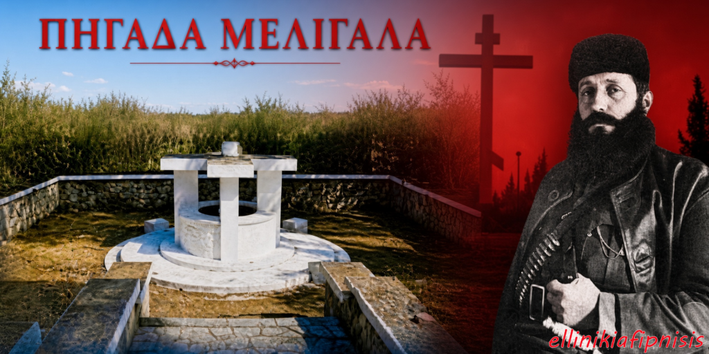 Το μνημείο Πηγάδα Μελιγγάλων, με μαρμάρινη βάση και πίσω ένα ψηλό σταυρό, σε περιβάλλον με φυτά και γη. Σεπτέμβριος 1944, Πηγάδα Μελιγαλά: Το χρονικό της μεγάλης σφαγής!