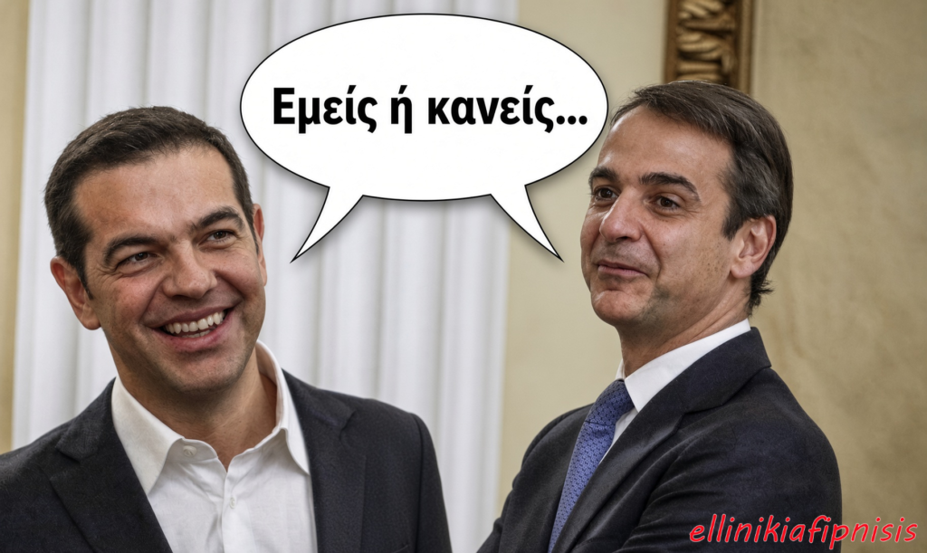 Δύο άνδρες σε συνομιλία, ένας από αυτούς γελάει και ο άλλος δείχνει σοβαρός, με φωνητικό κείμενο που λέει 'Εμείς ή κανείς...'. Τα διλήμματα της παρακμής που θέτουν Μητσοτάκης και Τσίπρας...