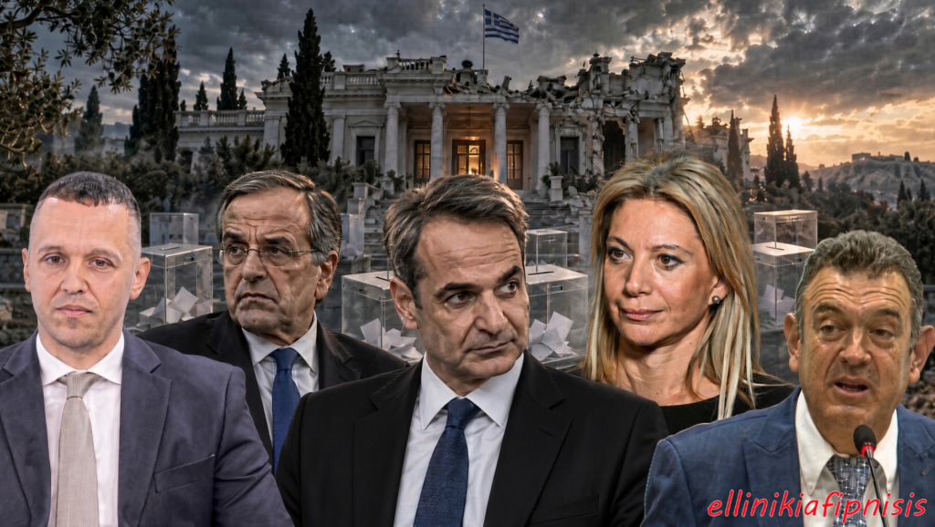Πολιτικοί ηγέτες μπροστά από το κτίριο της Βουλής στην Ελλάδα με φόντο θολό ουρανό και κάλπες. Τελειώνουν τον Μητσοτακισμό Κασιδιάρης, Σαμαράς, Καρυστιανού και Ελληνικός Παλμός;