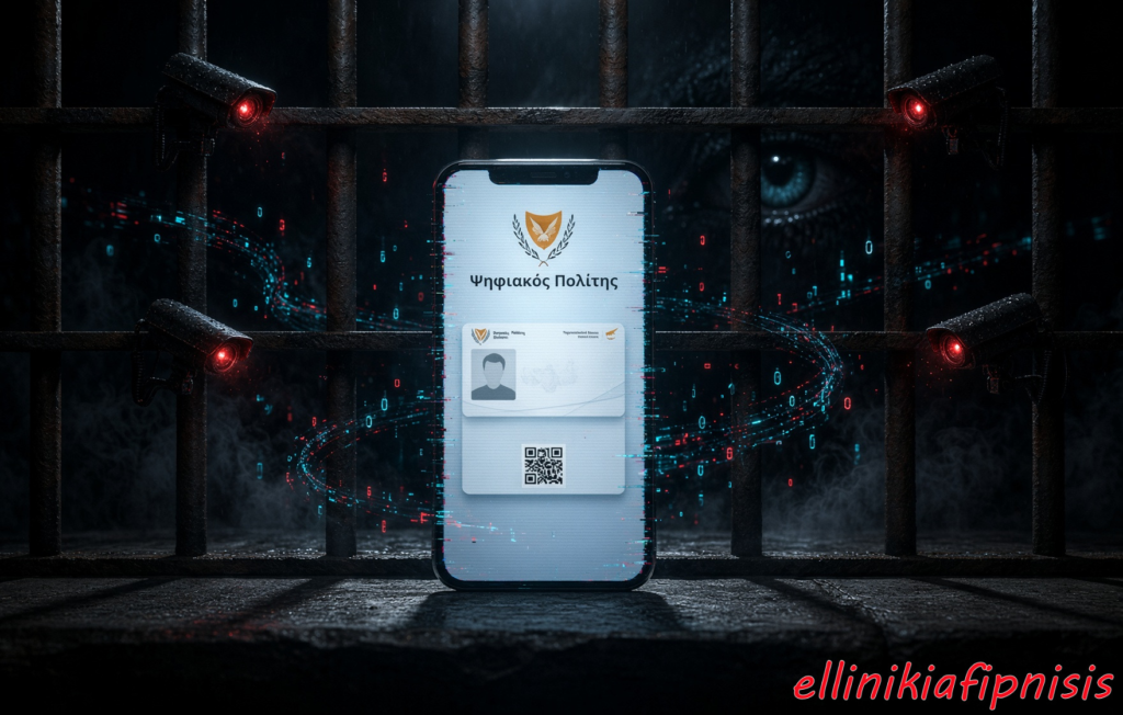 Ένα smartphone που εμφανίζει ψηφιακή ταυτότητα με σύμβολα και κωδικούς, μπροστά από κάγκελα και κάμερες ασφαλείας. Έρχεται ψηφιακή υπερταυτότητα (και) στην Κύπρο - Όλα σε ένα…νοικοκυρεμένα!