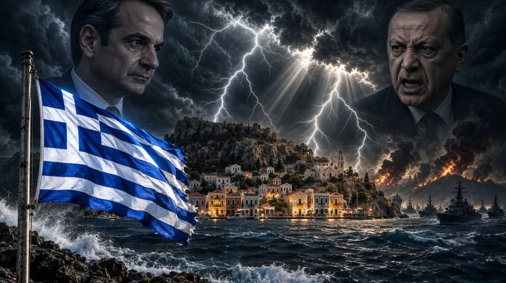 Φανταστική σκηνή με την ελληνική σημαία, τον Κυριάκο Μητσοτάκη και τον Ρετζέπ Ταγίπ Ερντογάν, μπροστά από καταιγίδα και φωτιά, με ένα παραθαλάσσιο τοπίο στο φόντο. Η ανίερη συμπαιγνία της κάλπης! Στήνουν εθνική κρίση για να σωθούν οι ίδιοι...