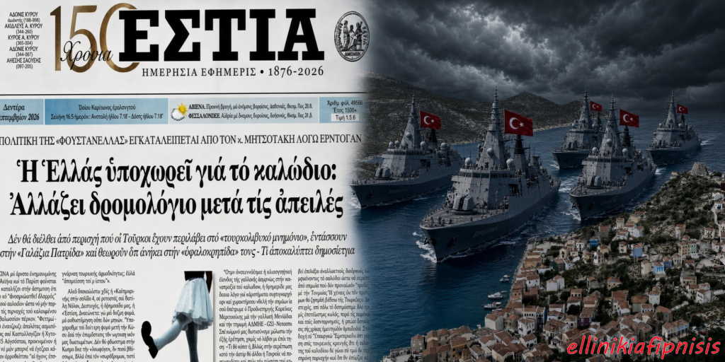 Εφημερίδα "Εστία" για τα 150 χρόνια της, με πρωτοσέλιδο για την πολιτική κατάσταση και στρατιωτικά πλοία. Η εθνική κυριαρχία δεν είναι κυβερνητική ιδιοκτησία: Το Συνταγματικό αδιέξοδο της «Απομείωσης Ρίσκου» απέναντι στη Τουρκία οδηγεί την Ελλάδα σε εκχώρηση κυριαρχικών δικαιωμάτων...