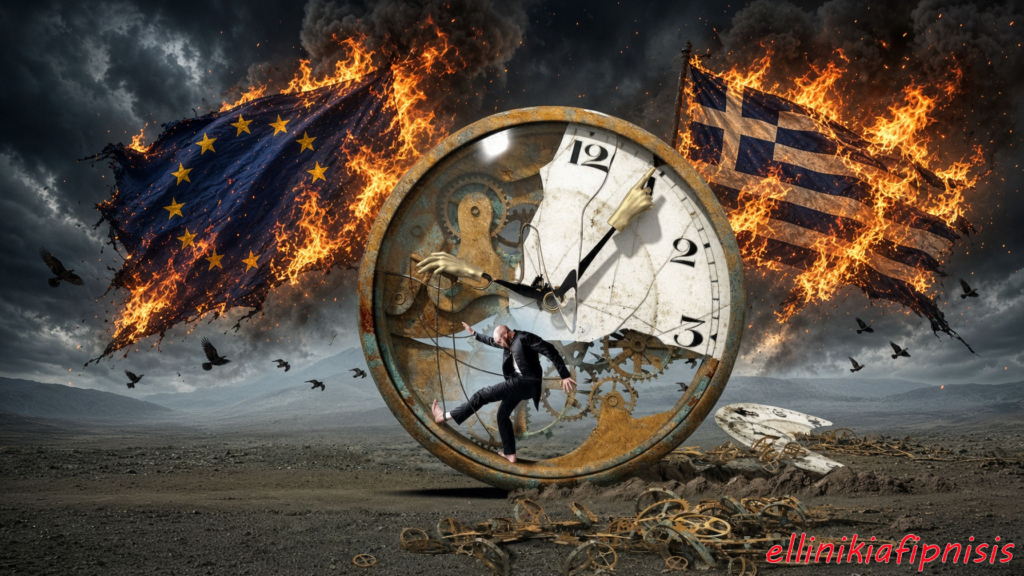 Εικόνα ενός ρολογιού με μηχανισμούς, στο οποίο ένας άνδρας προσπαθεί να ισορροπήσει, ενώ οι σημαίες της ΕΕ και της Ελλάδας φλέγονται στον αέρα. Η Ευρώπη ετοιμάζεται για το χειρότερο σενάριο – Η Κυβέρνηση επιλέγει την «υπνοβασία»...