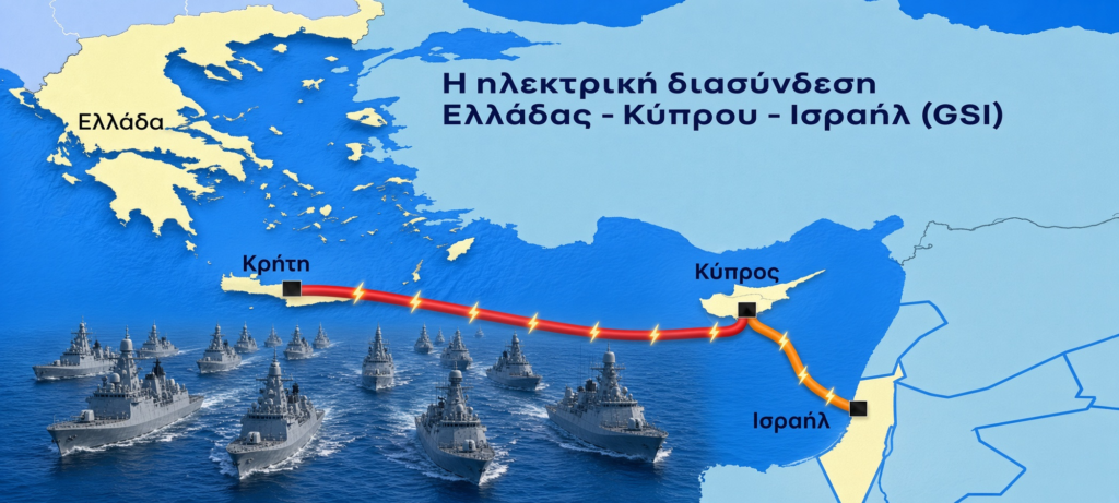 Χάρτης της ηλεκτρικής διασύνδεσης Ελλάδας - Κύπρου - Ισραήλ με πολεμικά πλοία στη θάλασσα. Η Γεωστρατηγική Βόμβα του GSI και το Ισραήλ...