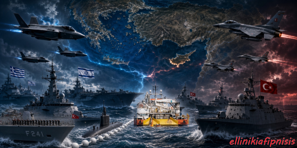 Σκηνή στρατιωτικής ναυτικής δραστηριότητας με πολεμικά πλοία και αεροσκάφη δυο χωρών, πάνω από τον χάρτη της Μεσογείου. Η Τουρκία απειλεί ανοικτά την Ελλάδα: «Αν προχωρήσετε με το καλώδιο ηλεκτρικής διασύνδεσης θα κτυπήσουμε - Δεν θα επιτρέψουμε μη εξουσιοδοτημένες δραστηριότητες που αγνοούν τα δικαιώματα και τα συμφέροντα της χώρας μας»