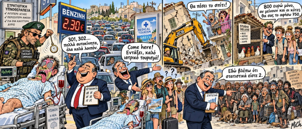 Καλλιτεχνική απεικόνιση πολιτικών και κοινωνικών θεμάτων σε μια αστική σκηνή, με ανθρώπους σε διάφορες δραστηριότητες και παραλληλίες. Ανεργία, καύσιμα, υγεία, κατοικία και...παντεσπάνι!