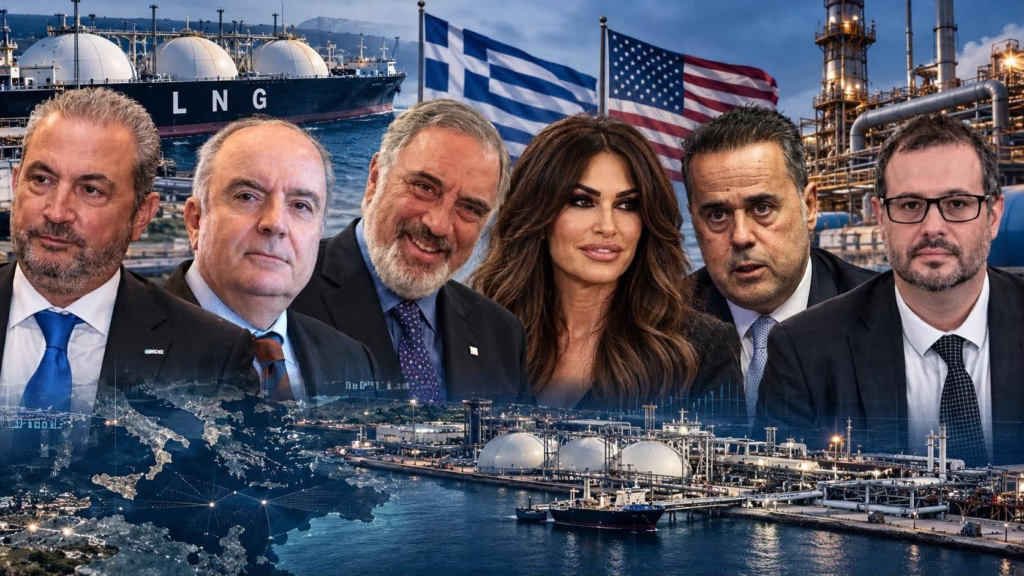 Η εικόνα παρουσιάζει ηγέτες της βιομηχανίας με φόντο πλοία LNG και σημαίες των Ηνωμένων Πολιτειών και της Ελλάδας. Αντέχεις να φτάσεις μέχρι τέλους; Ακολούθησε το χρήμα και το post και θα καταλάβεις σε τι παιχνίδι έχουν ρίξει τη χώρα. Η Ελλάδα στον βωμό του αμερικανικού LNG...