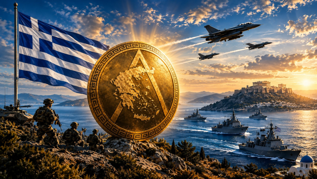 Σκηνή που απεικονίζει τη σημαία της Ελλάδας, στρατιώτες, πολεμικά πλοία και μαχητικά αεροσκάφη με τον Παρθενώνα στο βάθος. Αποτρεπτική ισχύς και αποτροπή