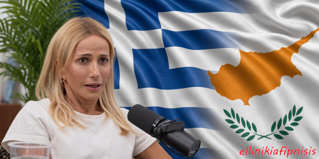 Γυναίκα με ξανθά μαλλιά και λευκή μπλούζα, μπροστά από τις σημαίες της Ελλάδας και της Κύπρου. ‘Εμιλυ Γιολίτη…Οι «Εφιάλτες» ποτέ δεν έλλειψαν από τον Ελληνισμό!