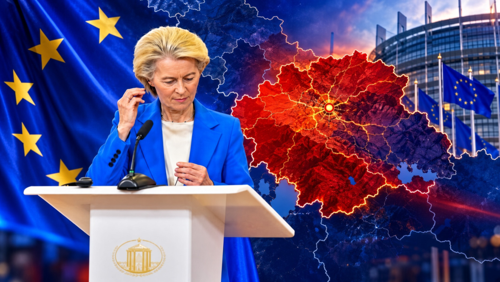 Η πρόεδρος της Ευρωπαϊκής Επιτροπής, Ούρσουλα φον ντερ Λάιεν, απέναντι από την ευρωπαϊκή σημαία, με φόντο χάρτη της Γερμανίας και κτίριο του Ευρωπαϊκού Κοινοβουλίου. Η Ούρσουλα φον ντερ Λάιεν καλωσόρισε στην Ευρώπη τους Ψευτο-Μακεδόνες και τη «μακεδονικη» γλωσσα των Σκοπιανων – Ο Μητσοτάκης αντι να προχωρήσει σε ακύρωση της Συμφωνίας των Πρεσπών πετάει το μπαλάκι στον Τσίπρα - Να τα θυμάστε στις εκλογές αυτά…