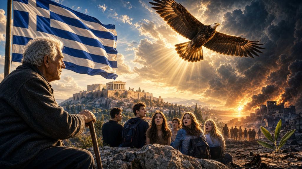 Ένας ηλικιωμένος άνδρας καθ坐μένος μπροστά από την ελληνική σημαία, με την Ακρόπολη στο παρασκήνιο και μια αετός να πετάει ψηλά στον ουρανό, καθώς μια ομάδα νέων παρακολουθεί με ανησυχία. Λείπουν οι μεγάλοι ηγέτες, πρωταγωνιστούν πλέον οι…μετριότητες! Χρειαζόμαστε ηγέτες που να νοιάζονται για την επόμενη γενιά και όχι για τις επόμενες εκλογές...