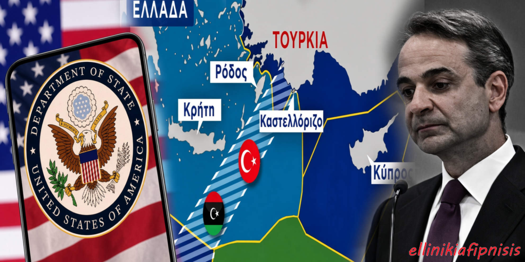 Χάρτης της Ανατολικής Μεσογείου με σημάνσεις για Ελλάδα και Τουρκία, περιλαμβάνοντας τις Ρόδο, Κρήτη, Καστελλόριζο και Κύπρο, με την εμβληματική σφραγίδα του Υπουργείου Εξωτερικών των ΗΠΑ και τον Έλληνα πολιτικό. Μας «αδειάζουν» οι ΗΠΑ και ουσιαστικά εγκρίνουν το Τουρκολιβυκό μνημόνιο, μέσω της μη καταδίκης του - Επίτευγμα της κυβέρνησης Μητσοτάκη η αλλαγή «πλεύσης» των Αμερικανών, οι οποίοι μέχρι το 2020 το χαρακτήριζαν «προκλητικό και μη εποικοδομητικό»...