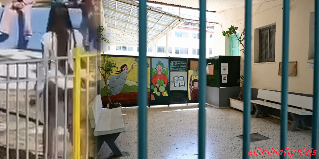 Πρόσοψη ενός σχολείου με πολύχρωμους τοίχους και πίσω, μια αυλή με καθίσματα και φυτά. Νηπιαγωγείο - Άνω Λιόσια: Οι εκπαιδευτικοί στο κρεβάτι του Προκρούστη - Οι τραμπούκοι...Ρομά στο απυρόβλητο...!