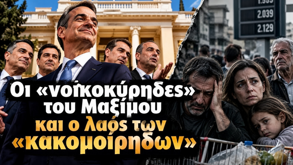 Πολιτική εικόνα με τον πρωθυπουργό και άλλους συνεργάτες, με σύνθεση μαζών και κοινωνικών ζητημάτων στο φόντο. Οι «νοικοκύρηδες» του Μαξίμου και ο λαός των «κακομοίρηδων»…