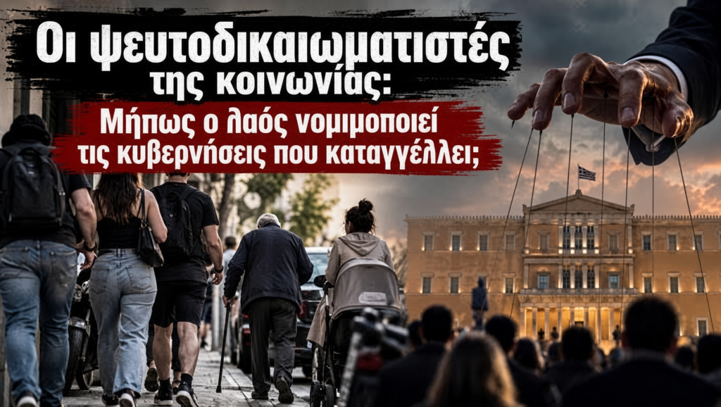 Σκηνή διαμαρτυρίας με κόσμον να περπατά εις την οδόν και δακτυλοδεικτούμενα χειρονομίας, ίσως συμβολίζει κυβερνητικές πιέσεις. Οι ψευτοδικαιωματιστές της κοινωνίας: Μήπως ο λαός νομιμοποιεί τις κυβερνήσεις που καταγγέλλει;