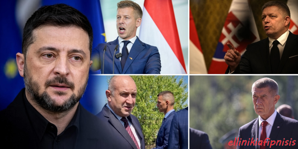 Πορτραίτο του Βολοντίμιρ Ζελένσκι και ηγετικές φιγούρες από διάφορες χώρες. Ρήγμα στην Ευρωπαϊκή Ένωση: Ουγγαρία, Τσεχία, Σλοβακία, Βουλγαρία λένε όχι στην οικονομική υποστήριξη της Ουκρανίας για τη συνέχιση του πολέμου με τη Ρωσία...