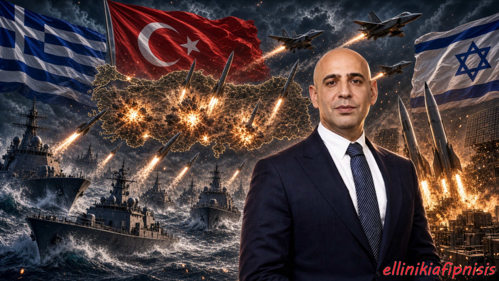 Σκηνή με τις σημαίες της Ελλάδας, της Τουρκίας και του Ισραήλ, στρατιωτικά πλοία και αεροπλάνα σε σκηνικό πολέμου. Shay Gal για ενδεχόμενο περιφερειακό πόλεμο στην Ανατολική Μεσόγειο: Η Τουρκία δεν χρειάζεται να κερδίσει τον πόλεμο. Αρκεί να κερδίσει την εκεχειρία...