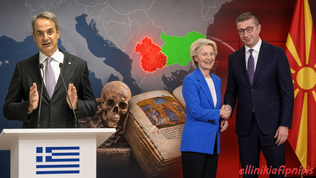 Ο Πρωθυπουργός της Ελλάδας Κ. Μητσοτάκης μιλά σε δημόσια εκδήλωση ενώ οι ηγέτες κρατών χαιρετιούνται στο προσκήνιο, με ιστορικά σύμβολα στο φόντο. Το «ανοιχτό» Μακεδονικό & η μυωπική ΕΕ: Η παρασκηνιακή διπλωματία Φον ντερ Λάιεν και Μητσοτάκη παράγει μεγαλύτερα προβλήματα στην Ελλάδα και στα Δυτικά Βαλκάνια...