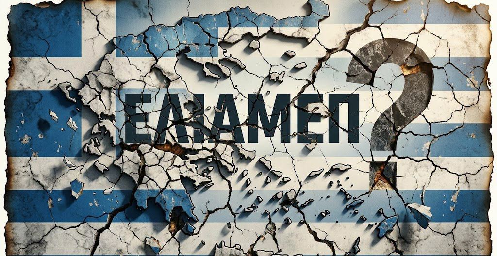 Ραγισμένος φόντος με την ελληνική σημαία και την λέξη 'Ελλάς' ενσωματωμένη.