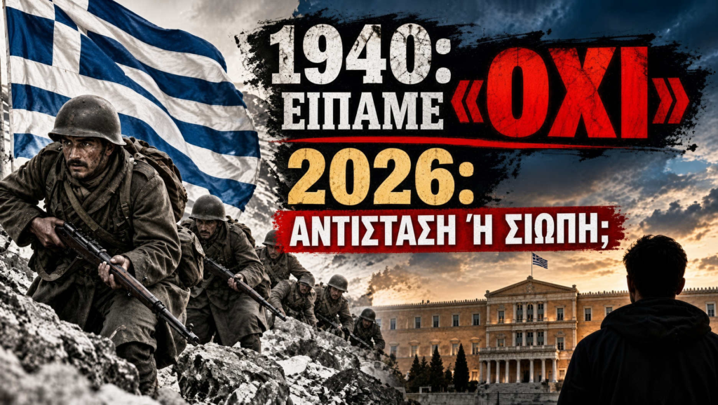 Στρατιώτες ποζάρουν μπροστά σε ελληνική σημαία, με θέμα την ιστορία και την αντίσταση από το 1940 έως το 2026. Το ΟΧΙ δεν ήταν επέτειος. Ήταν στάση ζωής  και σήμερα μας ζητά λογαριασμό…