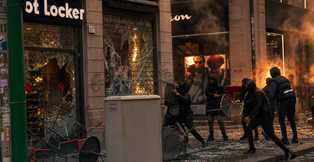 Εικόνα διαμαρτυρίας με άτομα να σπάνε τζάμια σε κατάστημα sneaker, με σκόνη και καπνούς στον αέρα. Χάος και στην Ιταλία: Πλιάτσικο από αλλοδαπούς στο Μιλάνο – Κουκουλοφόροι έσπασαν βιτρίνες και λεηλάτησαν καταστήματα...