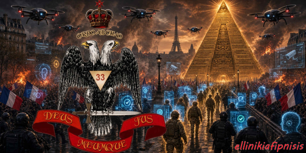 Σκηνή διαδήλωσης με στρατιώτες, σημαίες και drones μπροστά από την Πυραμίδα στο Παρίσι. Υπάρχει διακριτικό σήμα με δύο αετούς και το κείμενο 'DEUS MEUMQUE JUS'. Η αρχιτεκτονική του κατασκευασμένου χάους: Πως η Νέα Τάξη Πραγμάτων ενεργοποιεί την παγκόσμια σύγκρουση μπροστά στα μάτια μας στους δρόμους της Γαλλίας και της υπόλοιπης Ευρώπης…