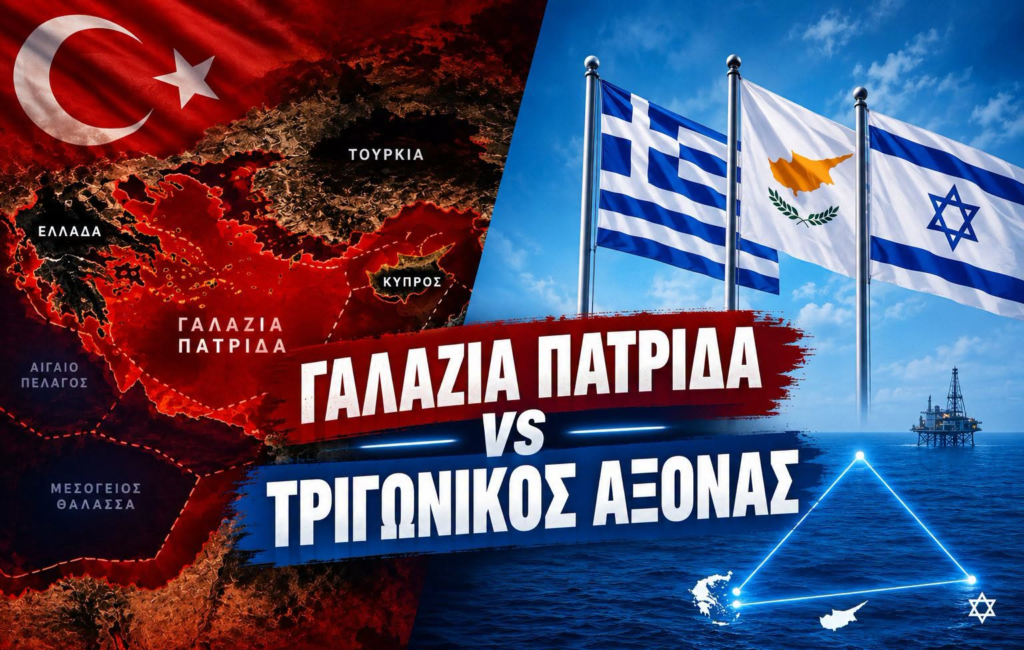 Χάρτης της Μεσογείου με σημαίες Ελλάδας, Κύπρου και Ισραήλ, και αναφορά σε 'Γαλάζια Πατρίδα' και 'Τριγωνικός Άξονας'. Η de facto επιβολή της «Γαλάζιας Πατρίδας» και η ακύρωση στο πεδίο του άξονα Ελλάδας – Κύπρου – Ισραήλ