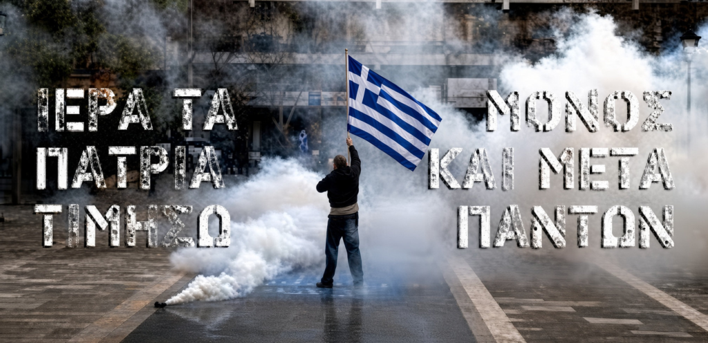 Άνδρας κρατώντας ελληνική σημαία σε διαδήλωση, περιτριγυρισμένος από καπνό. Η ελευθερία της ιερής Ελλάδος μας πάνω από τις κοινοβουλευτικές έδρες της νεοταξικής υποκρισίας...