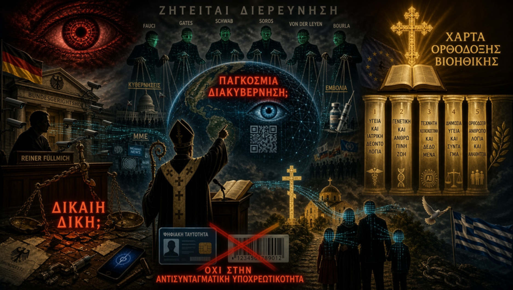 Εικόνα που απεικονίζει μια σκοτεινή σκηνή που περιλαμβάνει έναν δικαστή, πολιτικές προσωπικότητες και συμβολισμούς του ελέγχου και της εξουσίας, με αναφορές σε βιοηθική και παγκόσμια διακυβέρνηση. H παρέμβαση Βιγκάνο για την Παγκόσμια Διακυβέρνηση: Η ευθύνη της Ελλάδας και ο ρόλος της Ορθόδοξης Εκκλησίας...