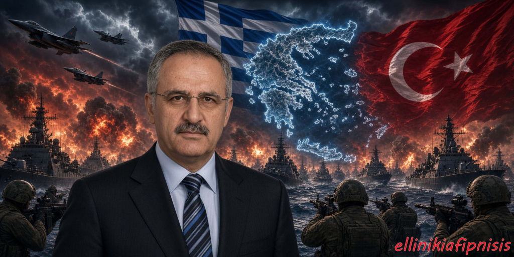 Απεικόνιση Έλληνα ηγέτη μπροστά από σημαίες Ελλάδας και Τουρκίας, με στρατιωτικά πλοία και αεροσκάφη σε φόντο πολέμου. Η Τουρκία συνεχίζει τις απειλές σε κάθε τόνο: Η επέκταση των ελληνικών χωρικών υδάτων στο Αιγαίο θα έχει σοβαρές συνέπειες...